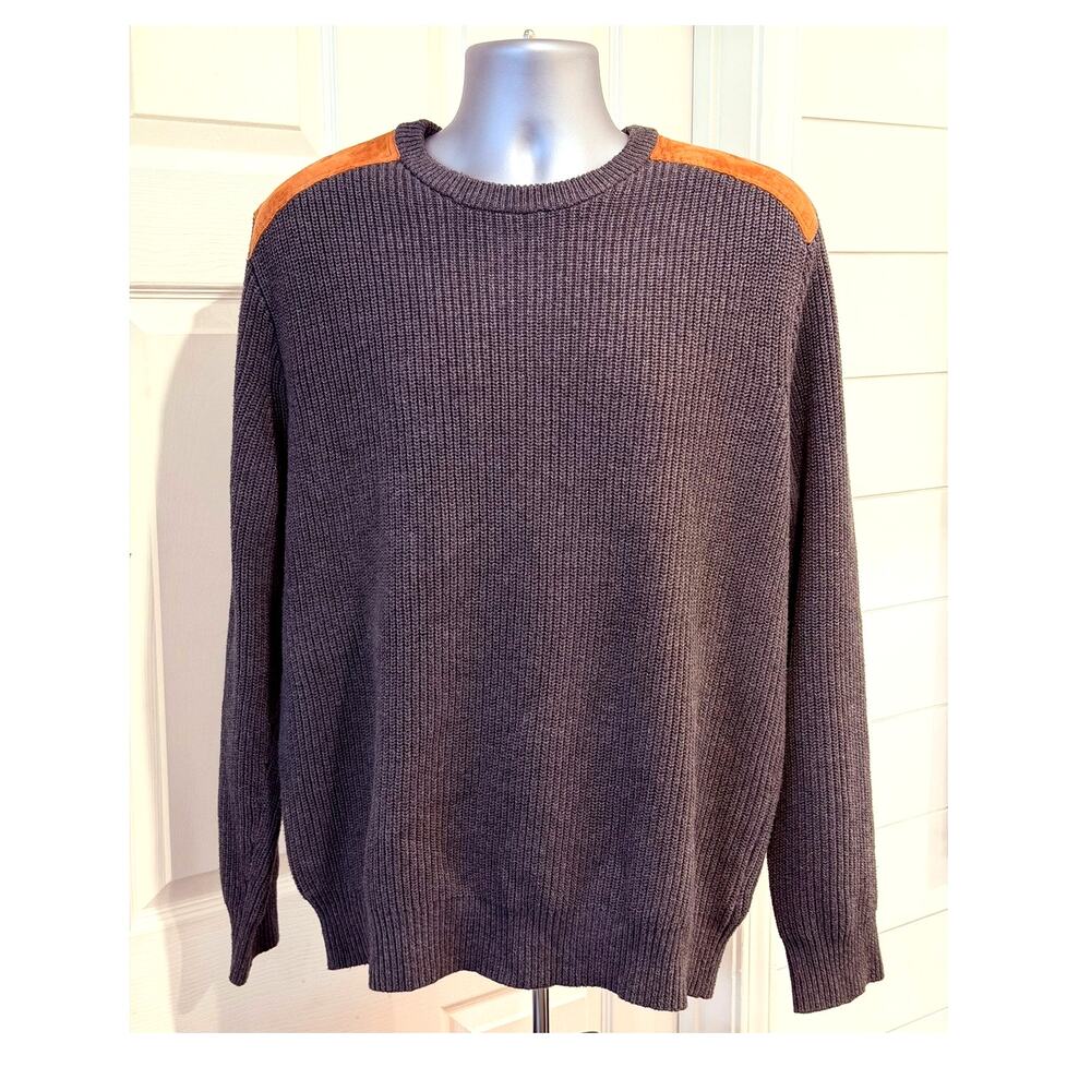 J.Crew Woodsman Sweater Mens XL Charcoal Cotton Suede Shoulder Patch Crewneck